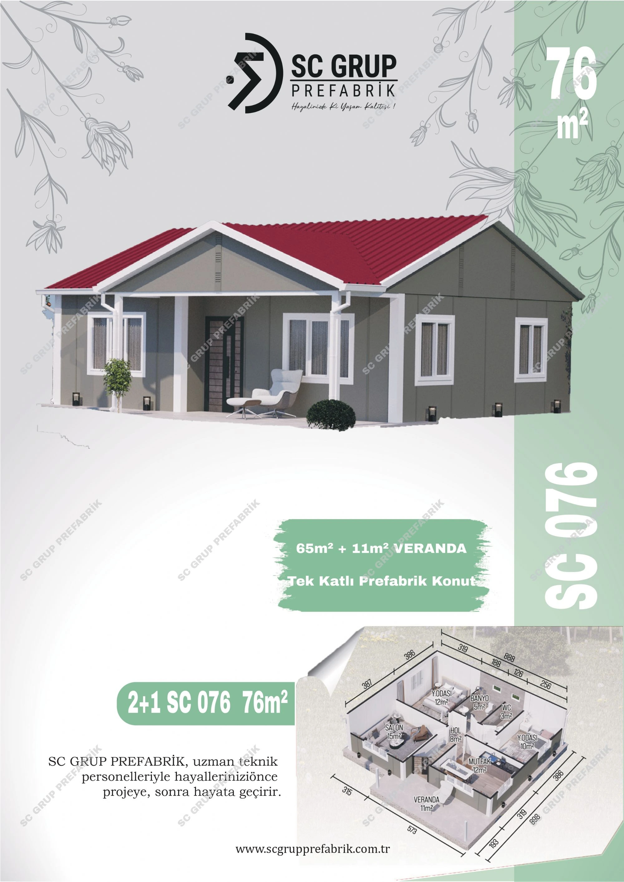 76 m² 2+1 tek katlı kampanyalı prefabrik